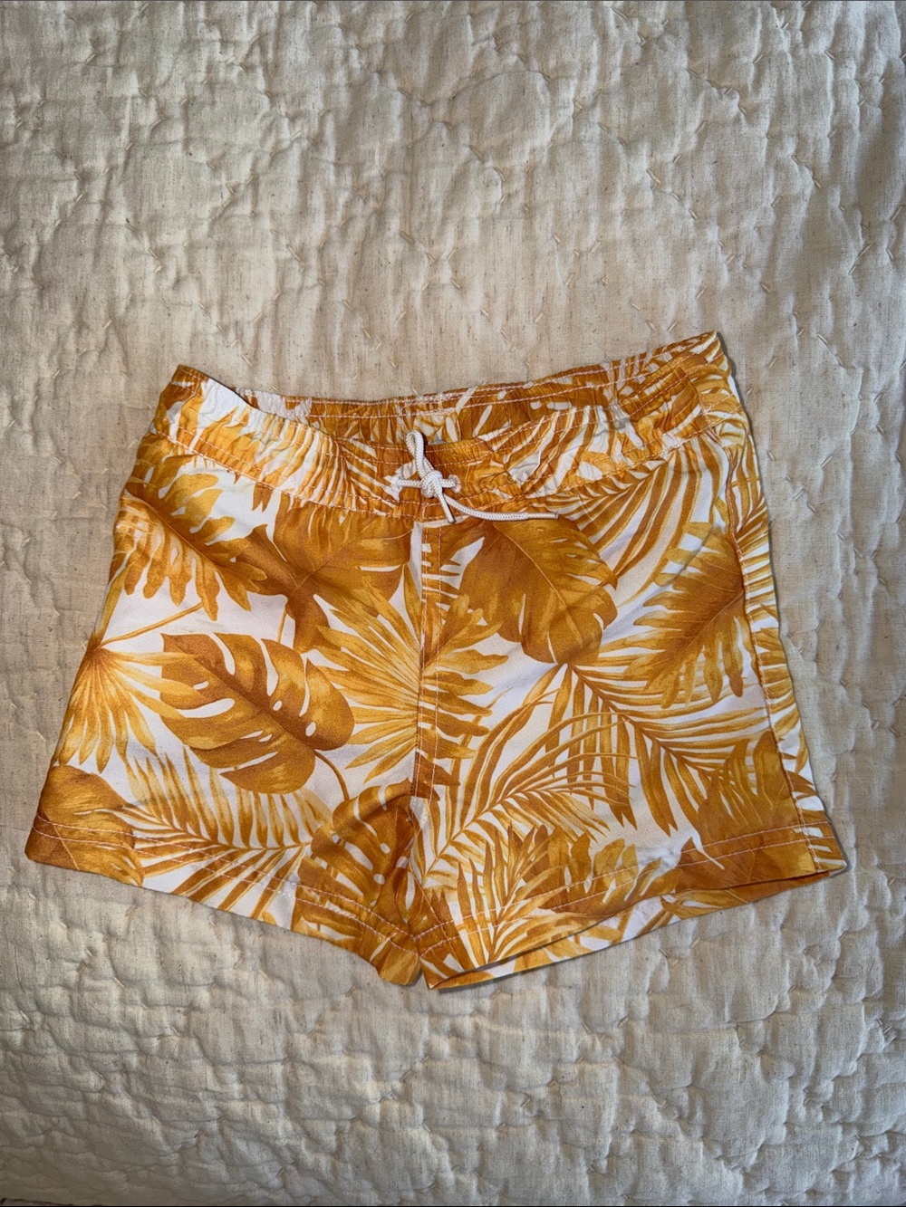 Tropical Mustard Leaf Print Drawstring Swimtrunks